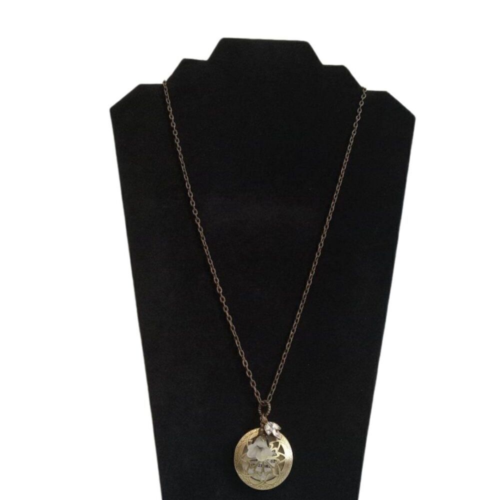 Brassy Gold Toned Round Metal Locket Pendant Flower Charm Mother in Law Necklace